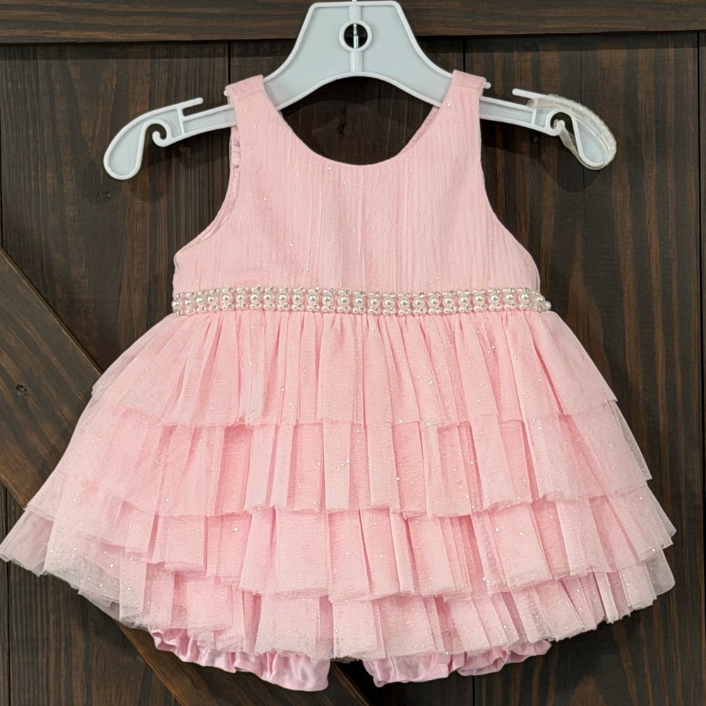 Couture Princess Pink Tiered Tulle Baby Dress‎ Romper Rhinestone Waist Sz 6M NWT